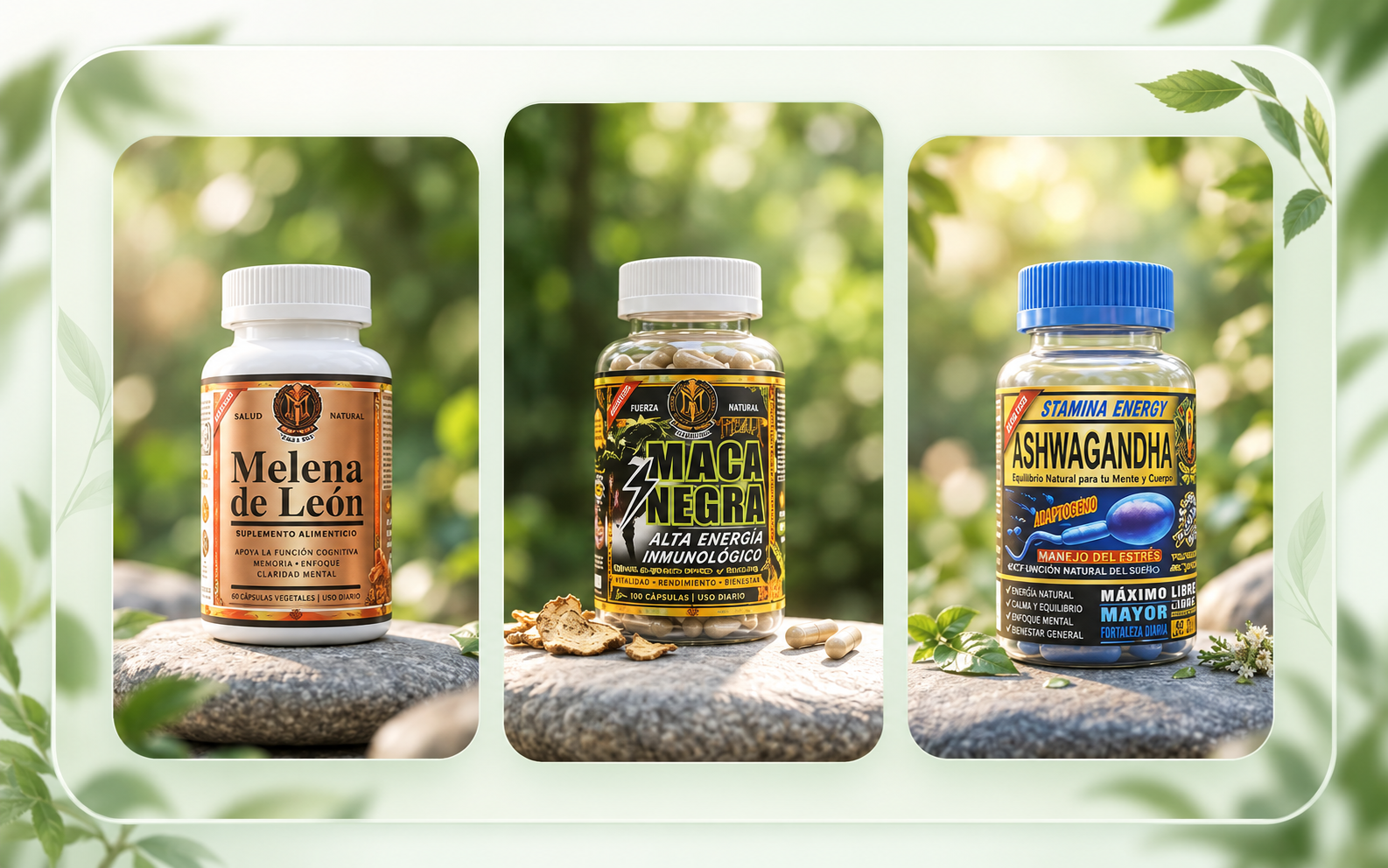 Melena de León, Maca Negra Premium y Ashwagandha en un entorno natural